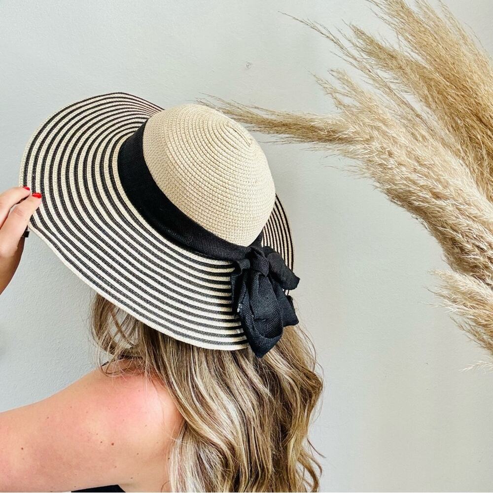 VINTAGE NORDSTROM Cream Tan Straw Wide Brim Floppy Black Bow Ribbon Sun Hat - Picture 7 of 9